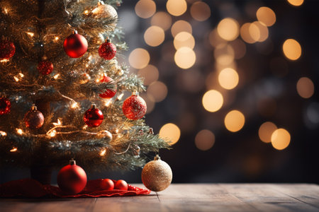 Christmas tree with baubles and lights on bokeh backgroundの素材