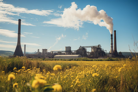 Industrial landscape with smokestack and yellow flower field.の素材
