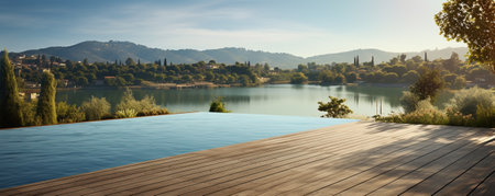 Wooden deck with swimming pool and mountains on background. Panoramaの素材