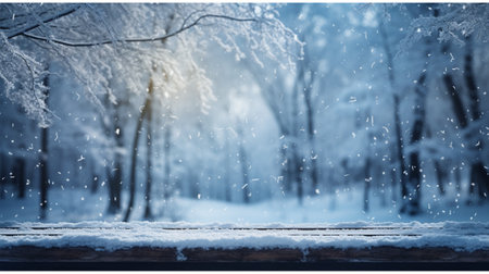 Winter background with snow covered trees and bokeh lights, tonedの素材