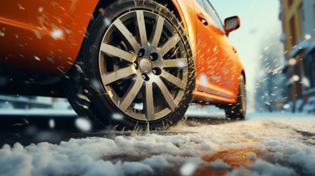 Close up of orange sport car on snowy road with snowflakesの素材
