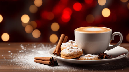 Cup of coffee with cookies and spices on wooden table on blurred lights backgroundの素材