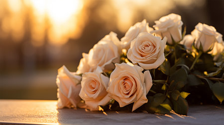 Wedding bouquet of white roses on a background of sunsetの素材