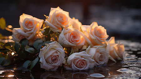 Wedding bouquet of white roses on the background of waterの素材