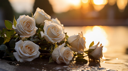 White roses on the background of the setting sun in the city.の素材