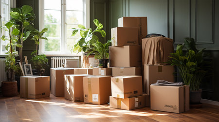 Moving boxes in new house. Real estate concept. Selective focusの素材