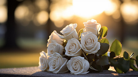 Wedding bouquet of white roses on the background of the setting sunの素材