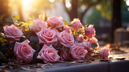 Pink roses on the grave in the cemetery at sunset, shallow depth of fieldの素材
