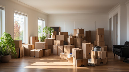 Moving boxes in new house. Real estate concept. 3d renderingの素材