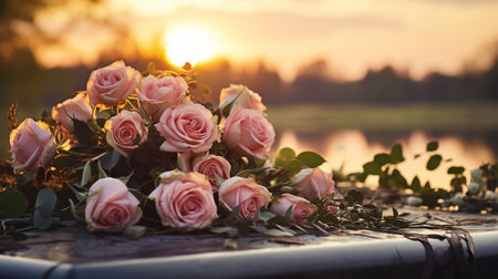 Wedding bouquet of pink roses on the background of the setting sunの素材