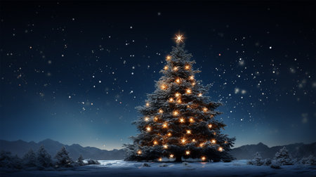 Christmas tree with lights against snowy landscape with fir trees 3D renderingの素材