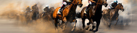Horse racing with motion blur background. Panoramic image.の素材