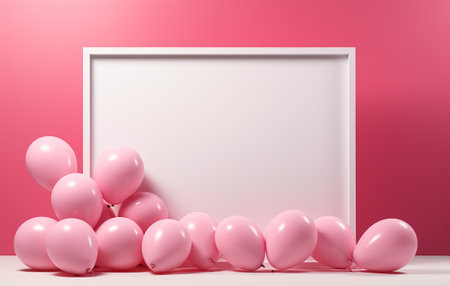 White frame with pink balloons on a pink background. 3d renderingの素材