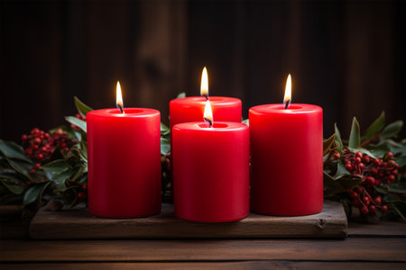 Three burning red candles on a dark wooden background with rowan berries.の素材