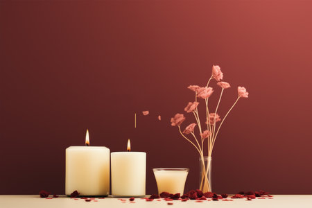 Candles and dried flowers on a red background with copy space.の素材