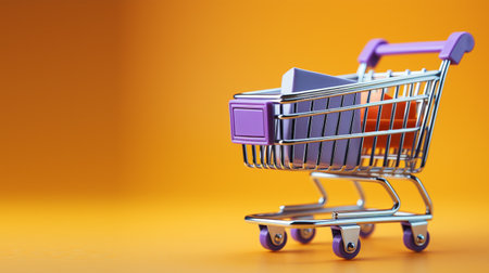 Shopping cart on orange background. 3d illustration. Shopping concept.の素材