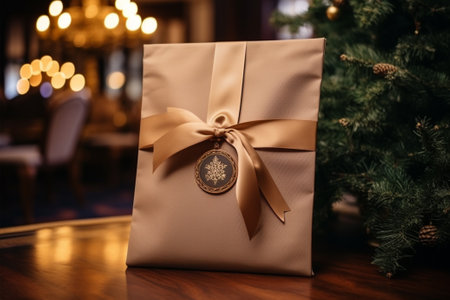 Christmas gift box with gold bow on wooden table in restaurant, closeupの素材