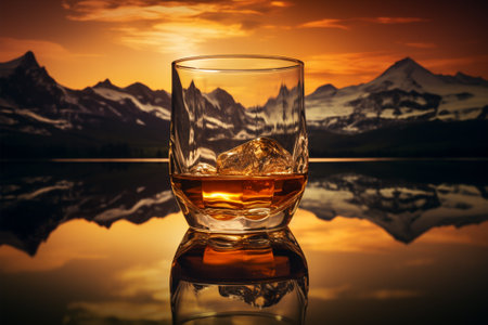 Glass of whiskey with ice on the background of mountains and sunset.の素材