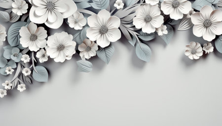 3d render of white paper flowers with leaves on gray background.の素材