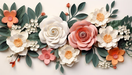 Paper flowers with leaves on a white background. Flat lay, top view.の素材
