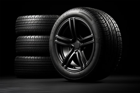 Car tires on a black background. 3d illustration. 3d renderingの素材