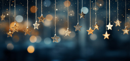 Christmas background with golden stars and bokeh lights. 3d renderingの素材