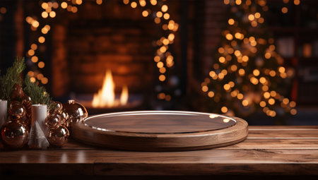 Wooden round table in front of fireplace with christmas lights.の素材