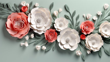 3d render, floral background with paper flowers, leaves and pearlsの素材