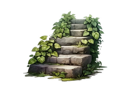 Stone stairs with green leaves isolated on white background. Watercolor illustrationの素材
