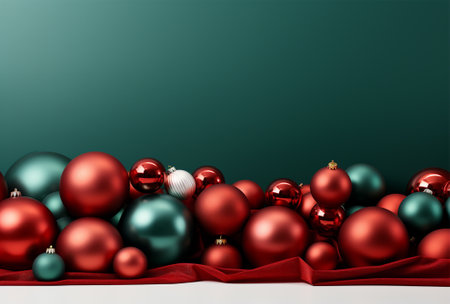 Christmas background with red and green baubles. 3d illustrationの素材