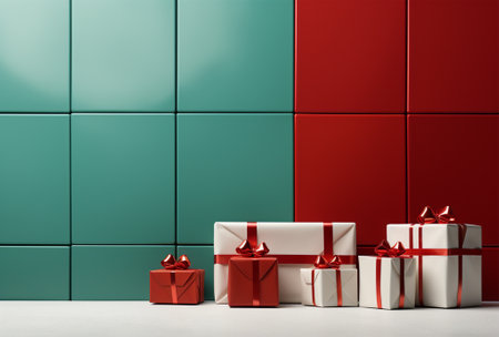 Christmas presents on a green and red background. 3d rendering.の素材