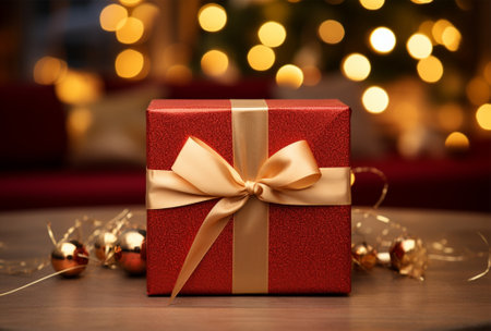 Red gift box with golden bow on wooden table against defocused lightsの素材