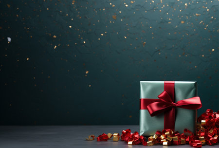 Gift box with red ribbon on dark background. Christmas and New Year concept. 3D Renderingの素材