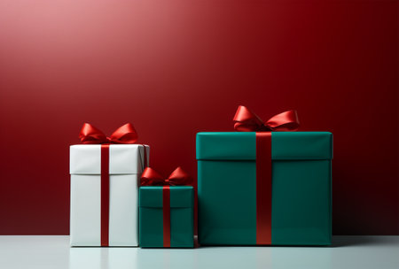 Gift boxes with red ribbons on a red background. 3d renderingの素材
