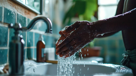 Closeup of african american man washing hands in the bathroomの素材