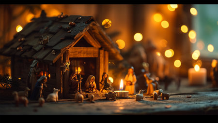 Christmas nativity scene with figurines of Mary, Joseph and baby Jesusの素材