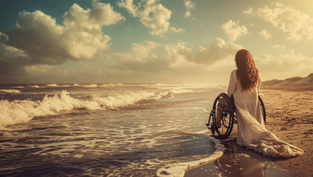 Young woman with a physical disability in a wheelchair on the beach.の素材