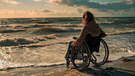 Disabled woman in a wheelchair on the seashore at sunsetの素材