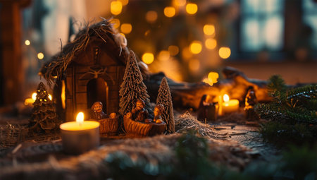 Christmas nativity scene with burning candles. Christmas decoration. Selective focus.の素材