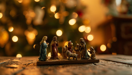 Christmas nativity scene with holy family and christmas tree on backgroundの素材