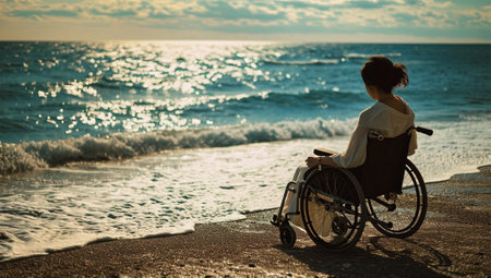 Young woman in a wheelchair on the seashore at sunset.の素材