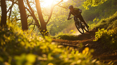 Cyclist Riding the Bike on the Trail in the Beautiful Summer Forest. Extreme Sport Concept.の素材