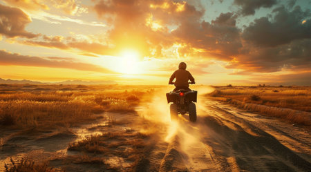 ATV rider on the road in the desert at sunset. 3d renderingの素材