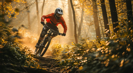 Mountain bike cyclist riding on rugged trails in beautiful autumn forest.の素材