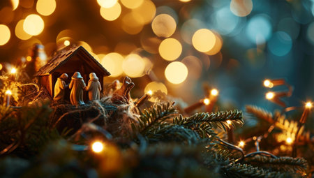 Christmas decoration with fir tree and toy house on bokeh backgroundの素材
