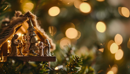 Christmas decoration with nativity scene and christmas tree on blurred backgroundの素材