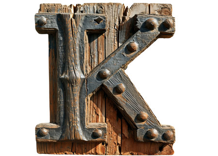 Wooden letter with rivets isolated on white background. Letter Kの素材