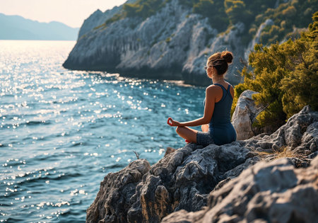 Young woman meditating on a rock in front of the sea.の素材