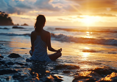 Young woman practicing yoga on the beach at sunset. Healthy lifestyle concept.の素材