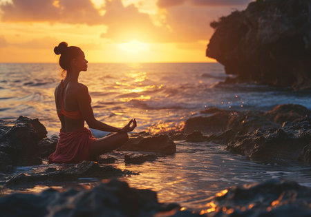 Yoga woman meditating on the beach at sunset. Healthy lifestyleの素材